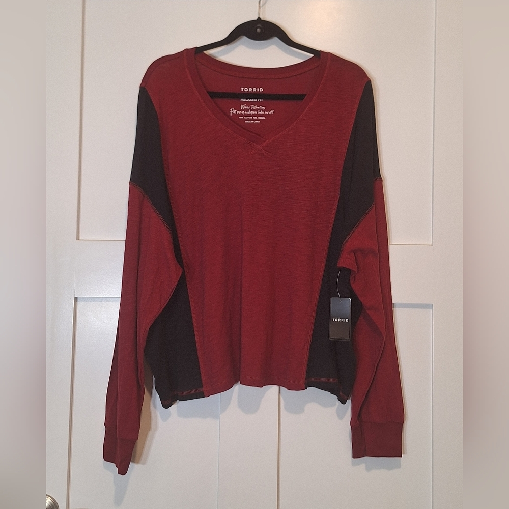 Torrid Cotton Modal Slub V Neck Long Sleeve Dolman Relaxed Fit New Red Black 1X